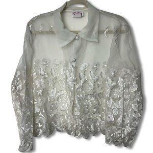 VTG Coty USA Ivory Sheer Rayon Floral Embroidered Blouse Silver Buttons 90s XL